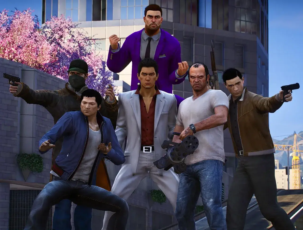 Gang z gry typu GTA, gotowy do akcji. Wśr&oacute;d nich mężczyzna w fioletowym garniturze, w białym, eleganckim stroju, i ten z minigunem.