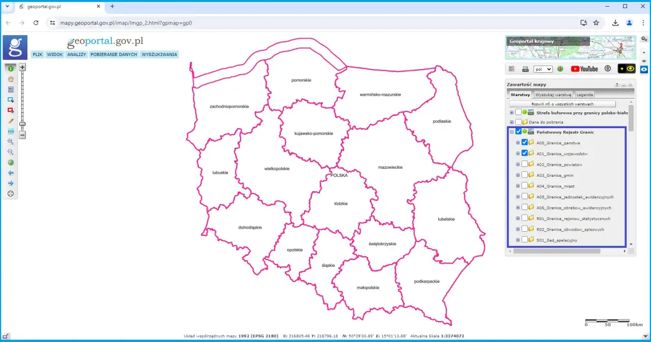 Geoportal.gov.pl interfejs granice administracyjne