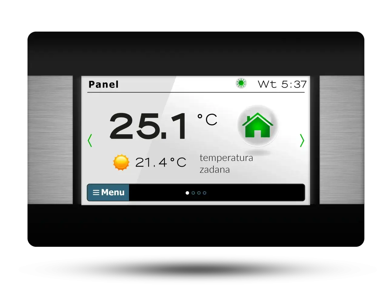 Panel sterowania kotłem na pellet. Wyświetla temperaturę 25.1°C i zadaną 21.4°C. Czy kocioł na pellet powinien się wygaszać?