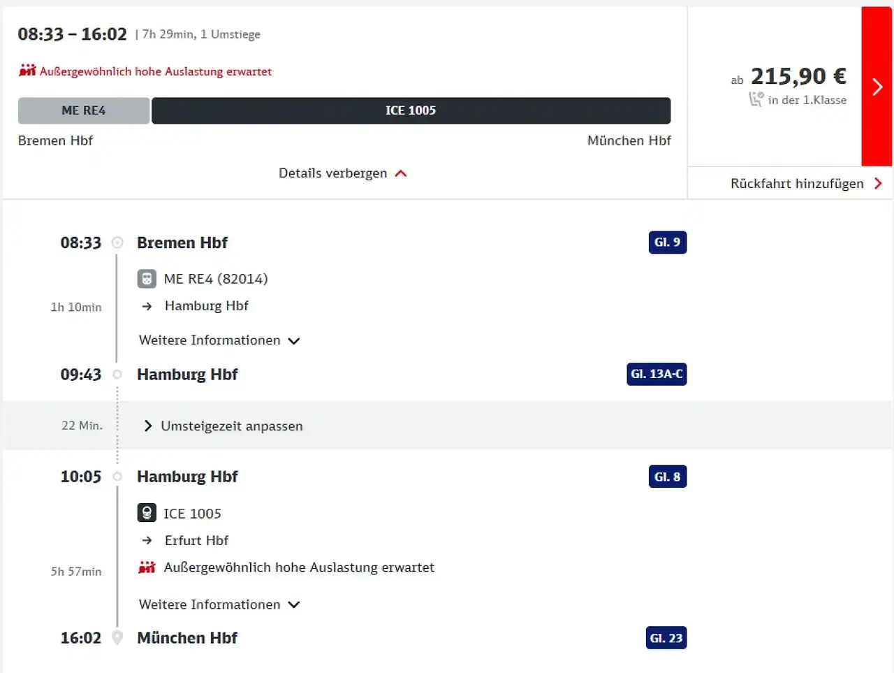 Zugfahrt von Bremen nach M&uuml;nchen: 215,90 &euro; ab. Die Reise dauert 7h 29min mit einem Umstieg.
