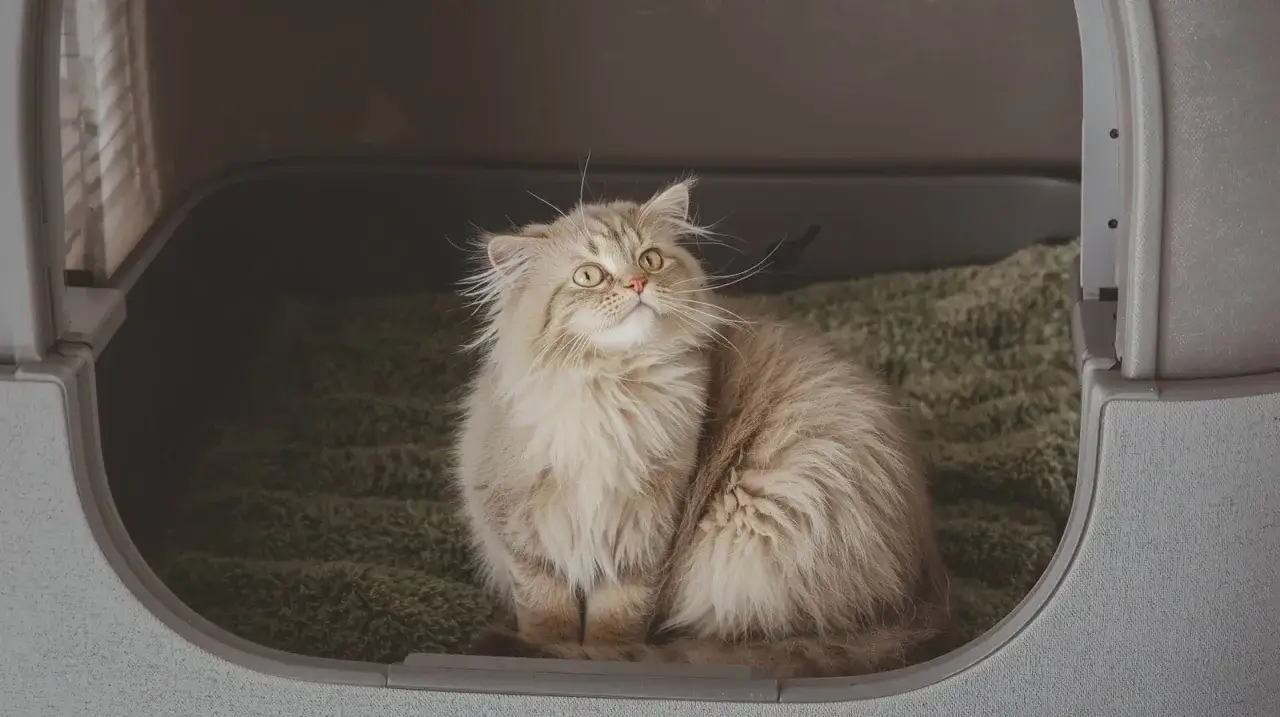 Fluffy cat in carrier, ready for its fip vaccine appointment.