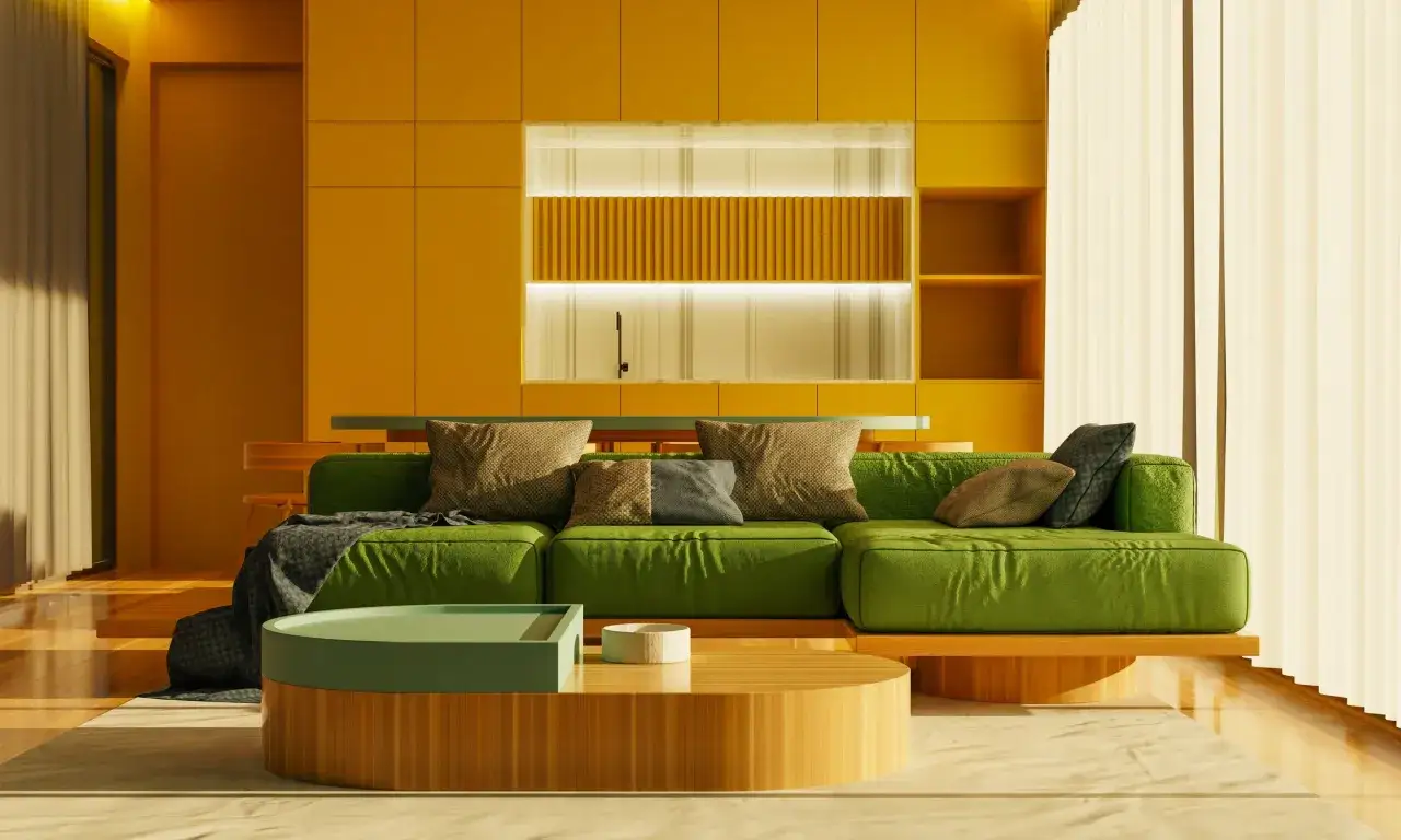 Ein gr&uuml;nes Sofa mit Kissen und eine runde Holz-Couchtisch mit gr&uuml;ner Ablage. Minimalismus-Inspiration f&uuml;r eine 