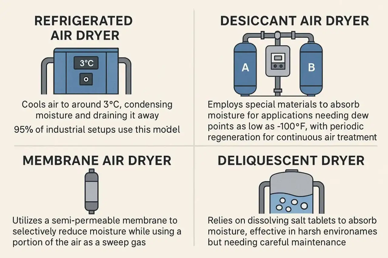 Comparativa de secadores de aire comprimido: refrigerado, dessecante, membrana y deliquescente. Cada uno con su ilustración y breve descripción.