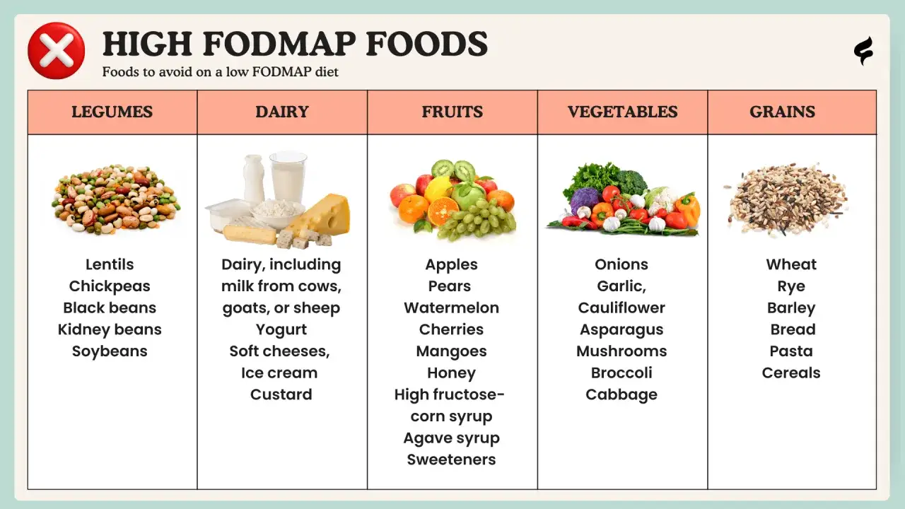 Tabelle mit Lebensmitteln, die bei einer FODMAP-Di&auml;t vermieden werden sollten. Beispiele f&uuml;r FODMAP-rezepte: Linsen, Milchprodukte, &Auml;pfel, Zwiebeln, Weizen.