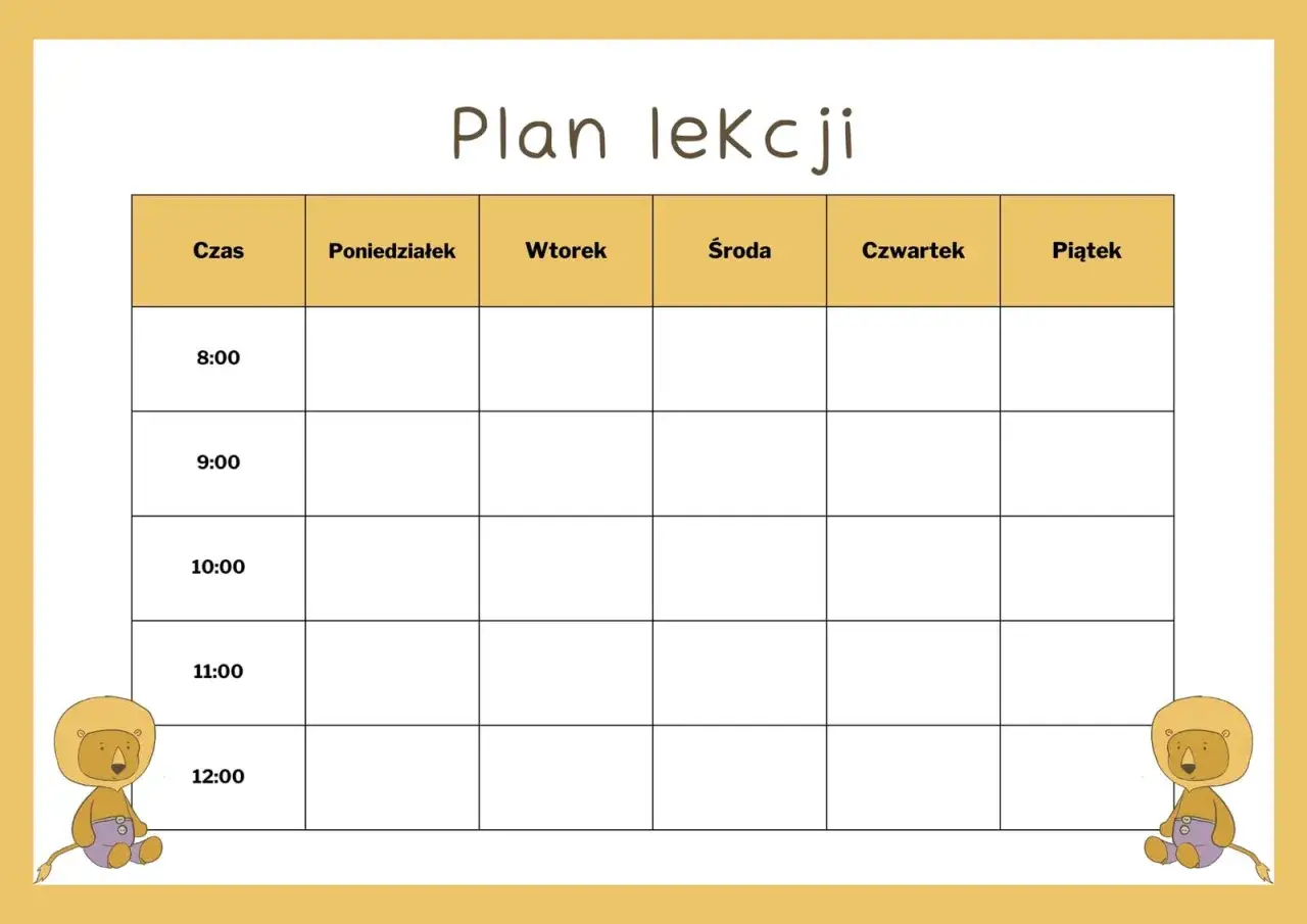 Plan lekcji z lwami. Tabela z dniami tygodnia i godzinami, idealna do stworzenia konspektu zajęć.