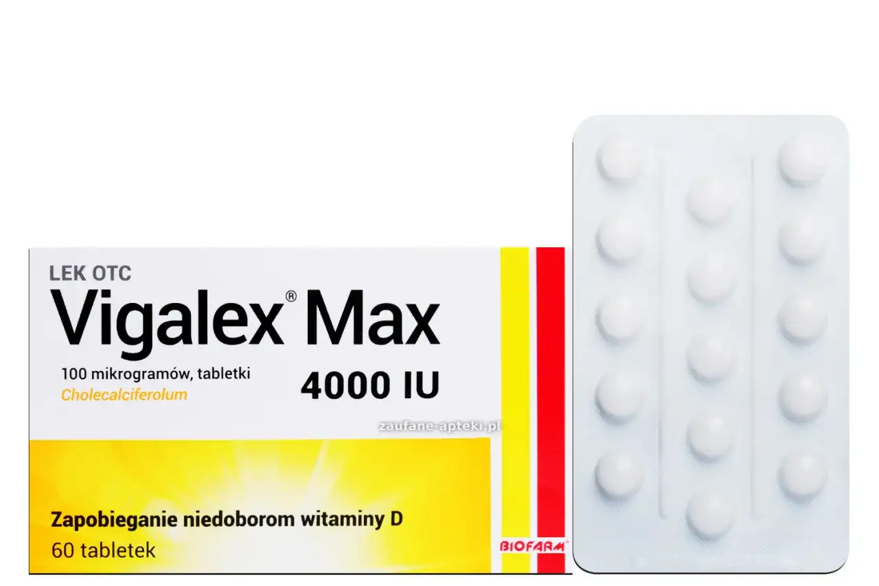 Opakowanie leku Vigalex Max 4000 IU, zapobiegającego niedoborom witaminy D. Blister z 60 tabletkami.
