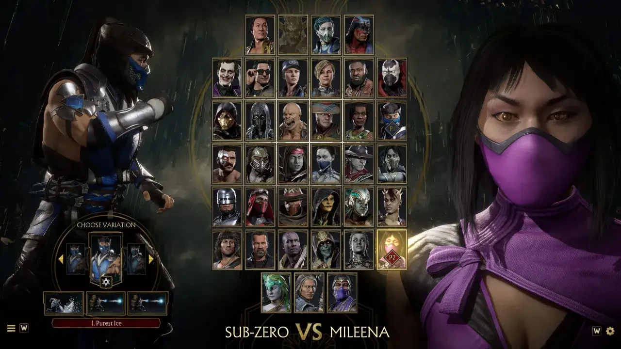 Wybór postaci w Mortal Kombat 11: Sub-Zero kontra Mileena. Na ekranie widać siatkę z różnymi wojownikami, a po bokach głównych bohaterów.