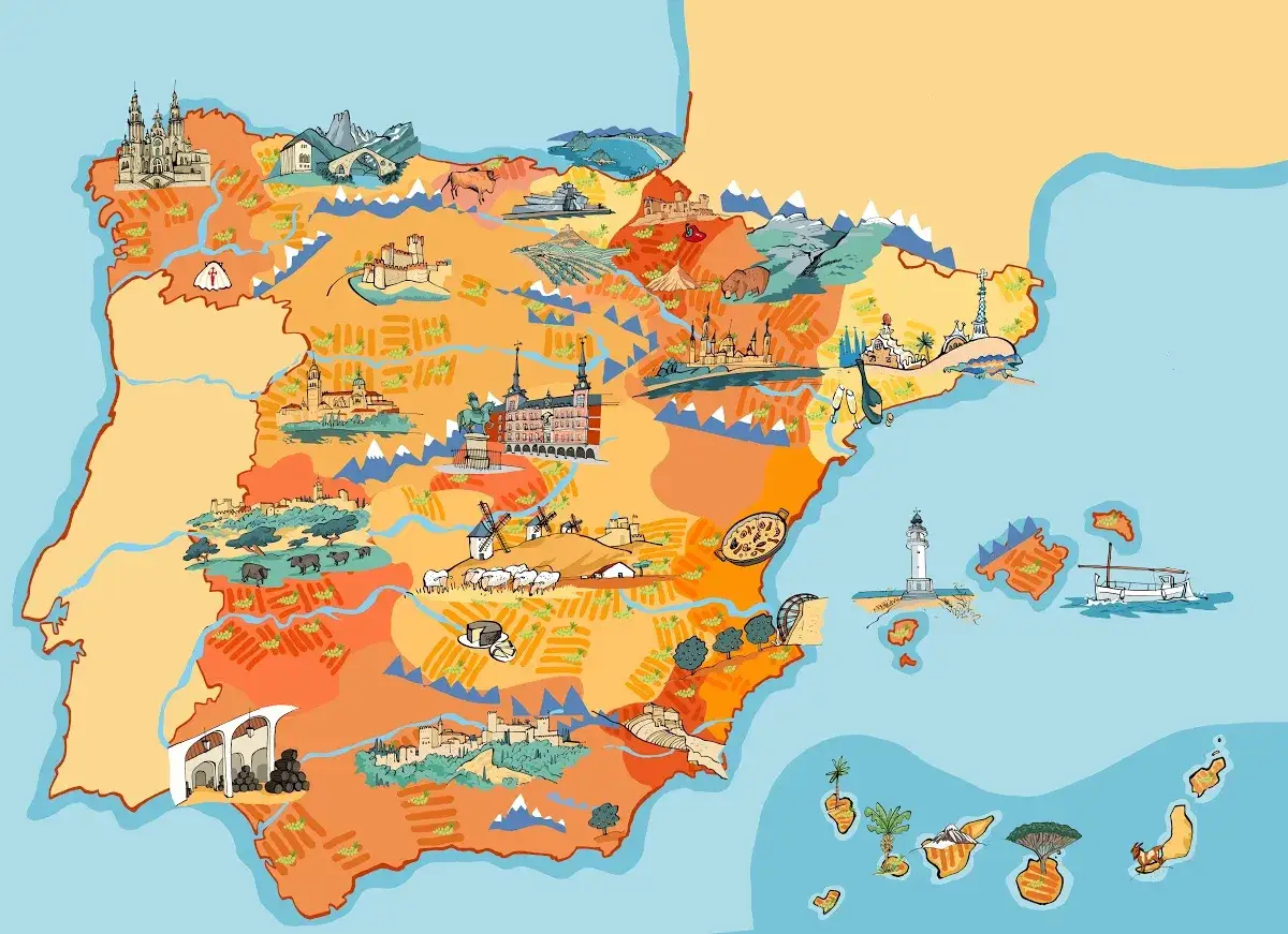 Mapa ilustrado de España con viñedos, bodegas del marco de Jerez, castillos, montañas y la costa.