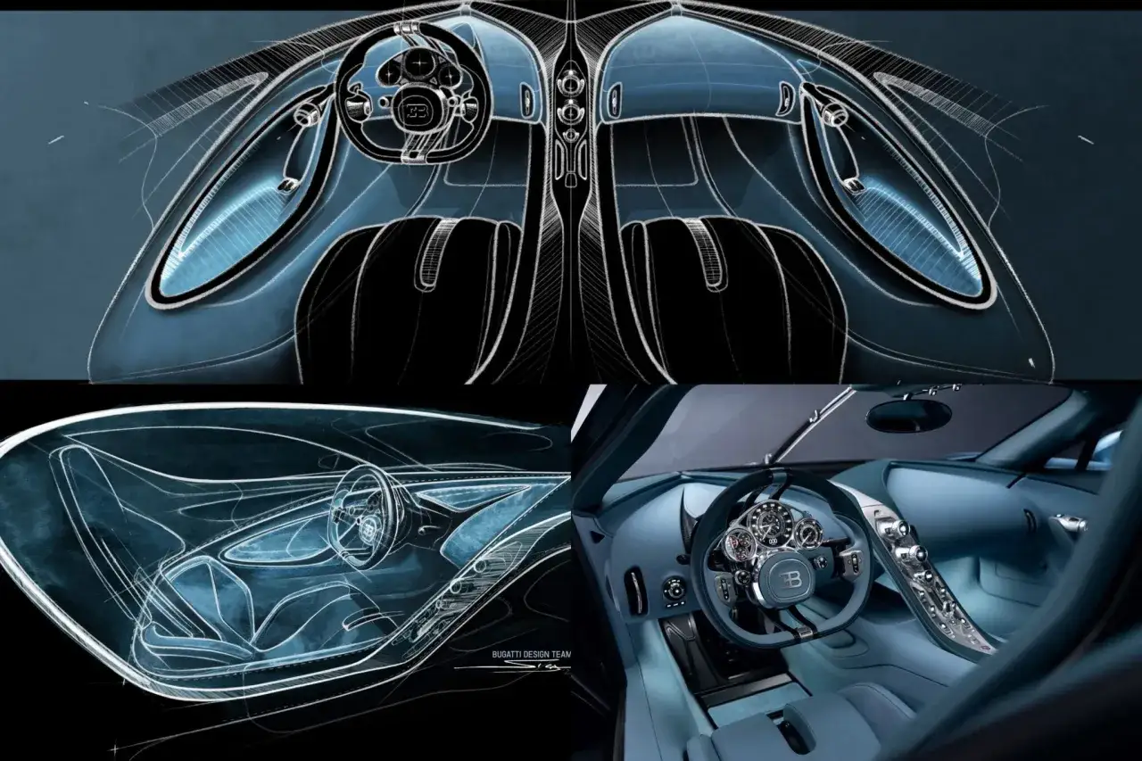Szkice i zdjęcie wnętrza najnowszego Bugatti. Futurystyczny design, niebieskie akcenty i sportowe fotele.