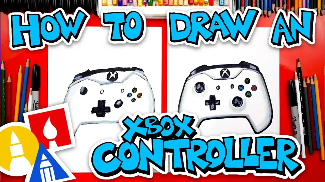 Jak narysować pada Xbox? Dwa białe pady z kolorowymi przyciskami na białym tle, otoczone kredkami i napisami.