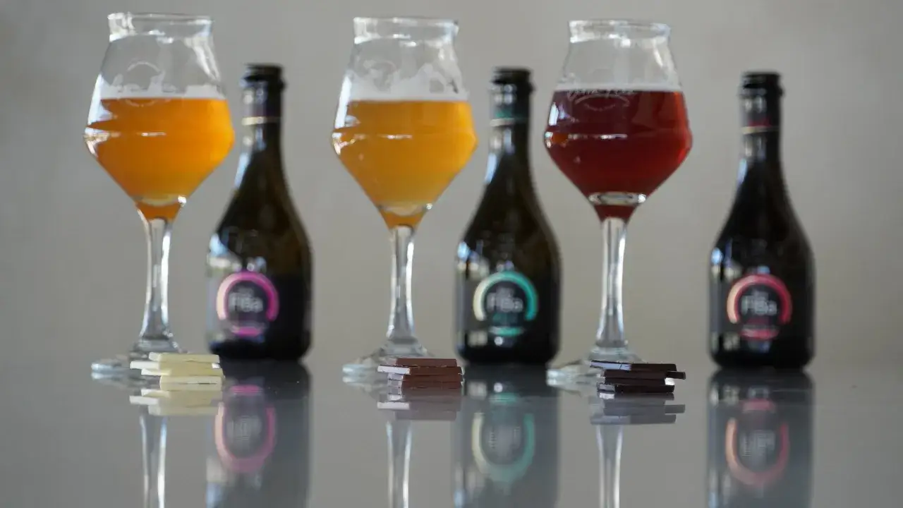 Degustazione di birre artigianali con abbinamento di cioccolato. Diverse bottiglie e bicchieri di birra, con tavolette di cioccolato bianco e fondente.