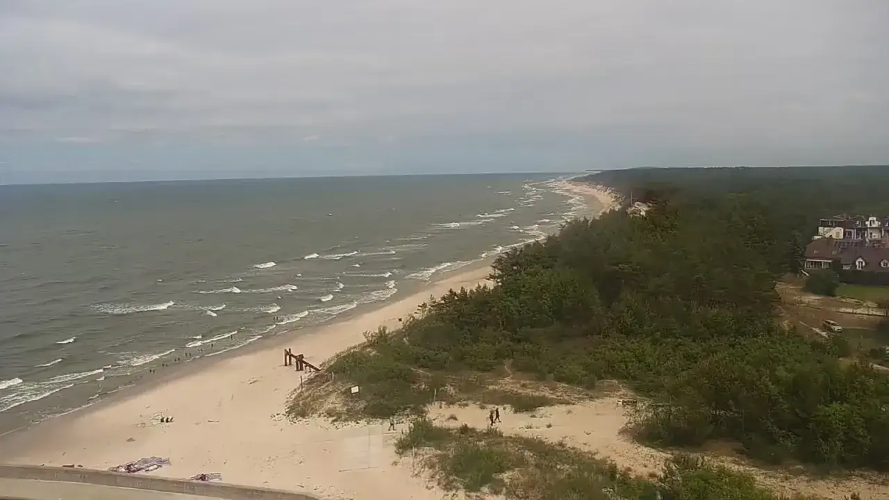 Szeroka plaża w Rowach z falami na morzu i lasem sosnowym w tle. Kilka osób spaceruje po piasku.