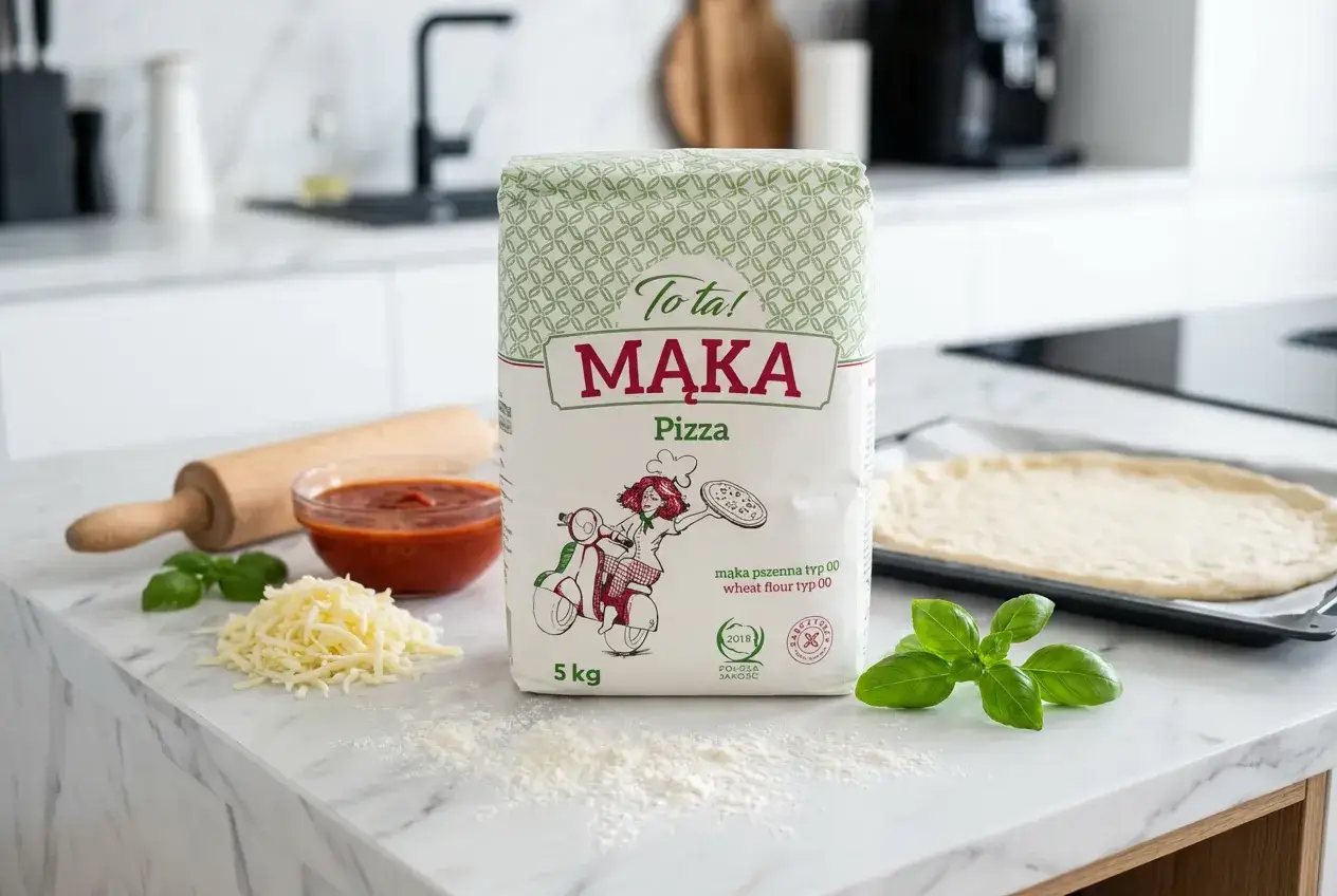 Idealna mąka do pizzy typu 00 na blacie kuchennym, obok sosu, sera i świeżej bazylii.