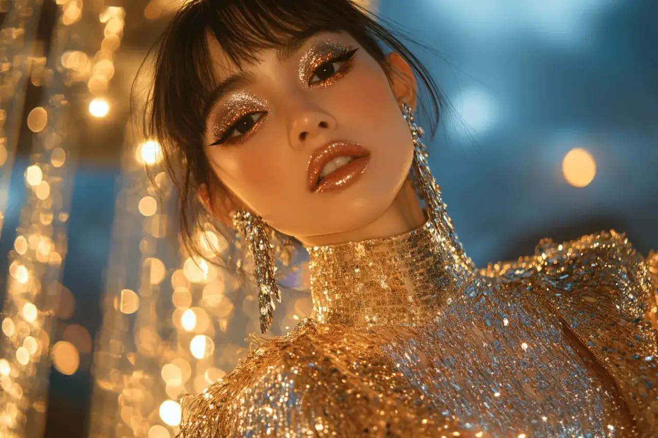 Maquillage scintillant et robe dorée, un look glamour. Quelle couleur va avec le doré vêtement ? Le bleu nuit et les reflets argentés des bijoux.