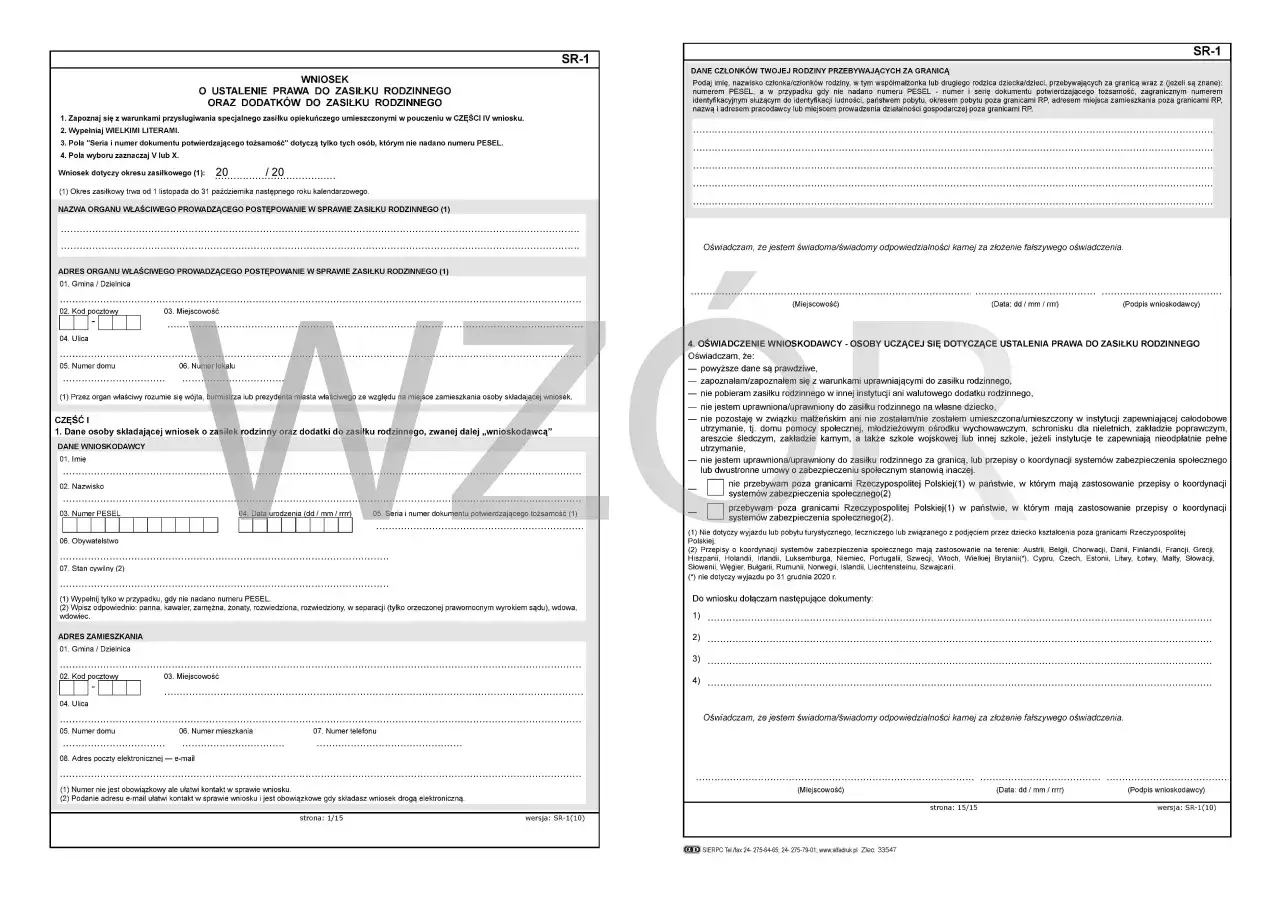 formularz SR-1 wypełniony, wniosek o zasiłek rodzinny wzór