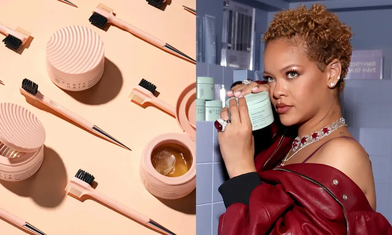 Rihanna prezentuje produkty Fenty Hair: kosmetyki i szczoteczki do stylizacji włosów.