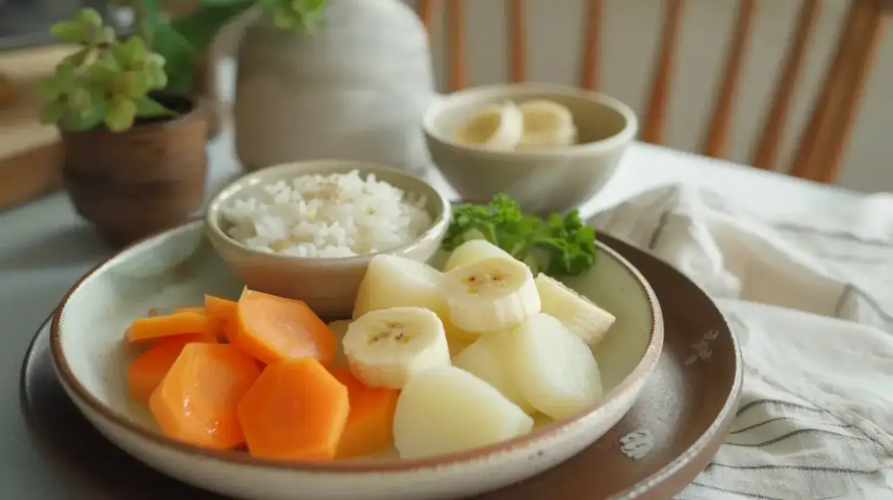 En skål med ris, morötter, banan och potatis. En mild måltid som kan vara en del av remedios caseros para la gastritis.