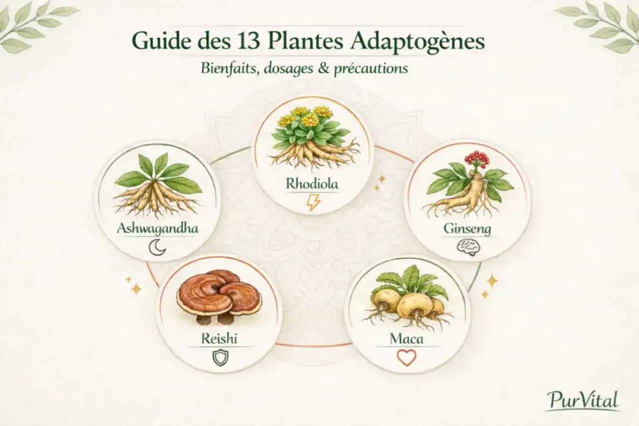 Guide des plantes adaptogènes : Ashwagandha, Rhodiola, Ginseng, Reishi, Maca. Illustrations de ces plantes aux vertus bénéfiques.