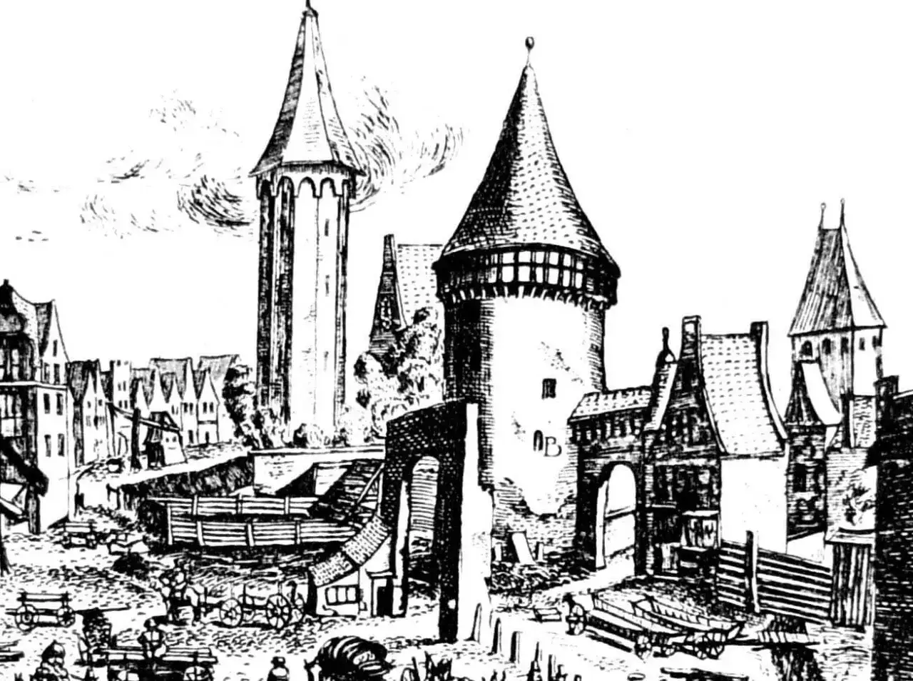 Stare miasto z wieżami i bramą, jakby z czasów, kiedy powstał Gdańsk. Widać wozy i ludzi.