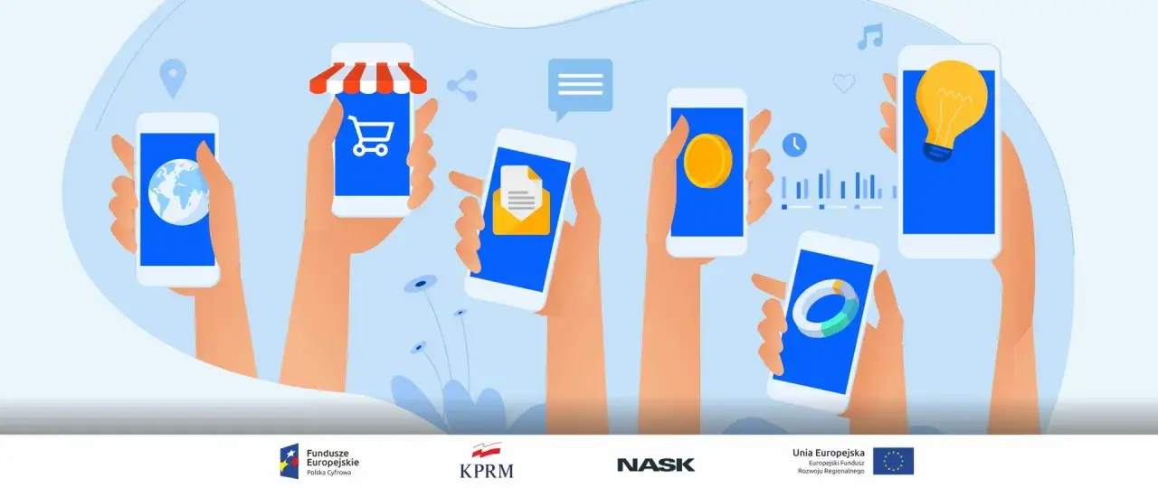 Ręce trzymają telefony z ikonami: globus, koszyk, koperta, moneta, wykresy, żarówka. Uważaj na szpiegowanie telefonu!