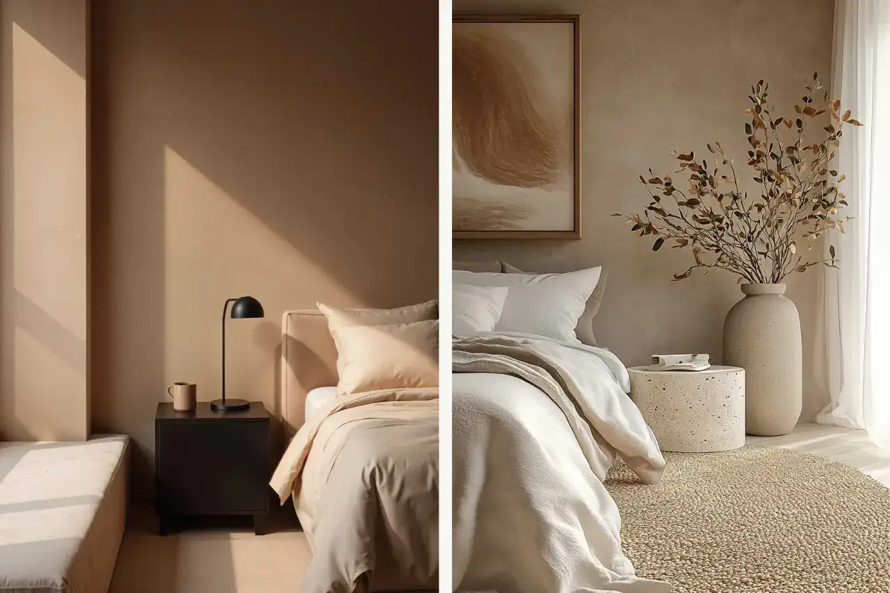 Dormitorio sereno con paredes en tonos tierra, ideal para **ideas para pintar paredes originales**. Luz natural y decoraci&oacute;n minimalista.