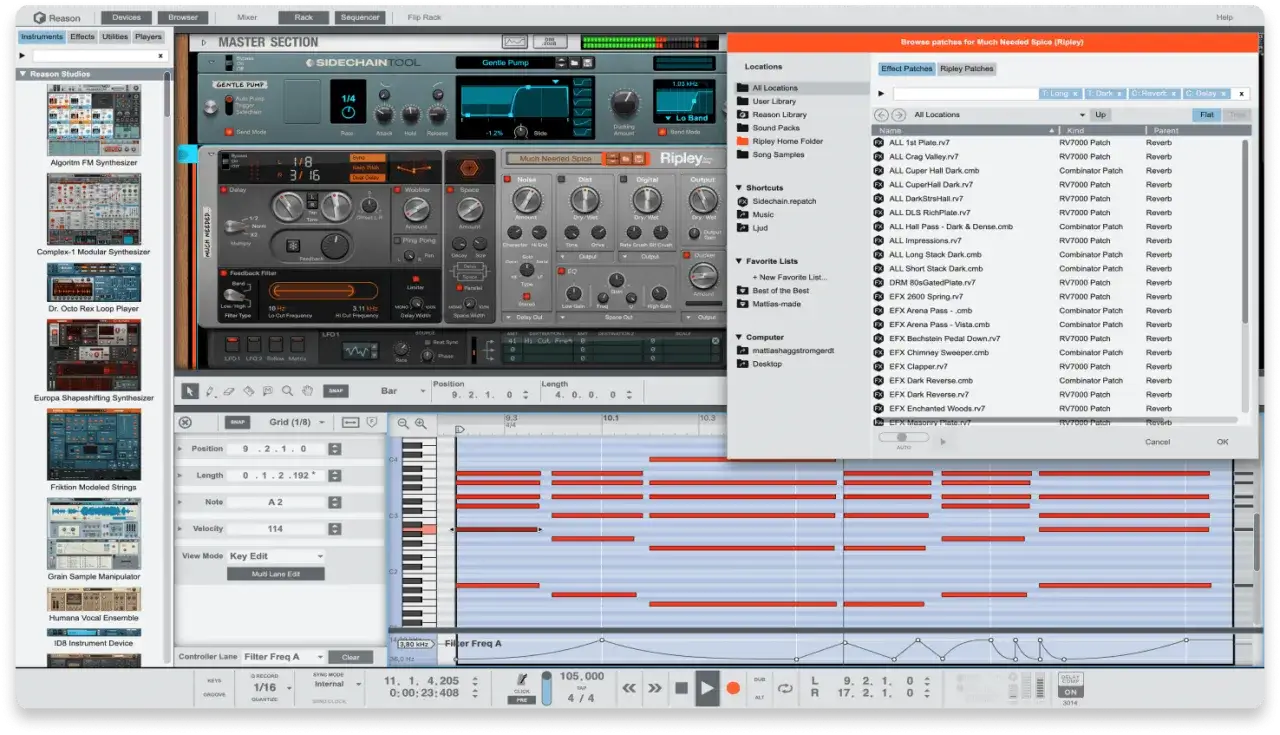 Interface Reason avec synth&eacute;tiseurs, effets et s&eacute;quenceur. Le meilleur daw pour cr&eacute;er de la musique.