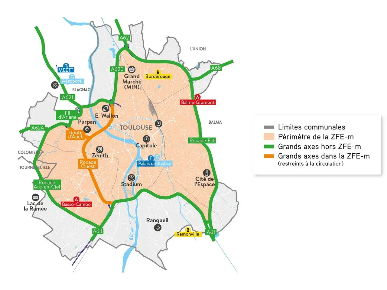 Carte de Toulouse montrant le périmètre de la ZFE-m et les grands axes, essentiels pour comprendre la vignette Crit'Air à Toulouse.