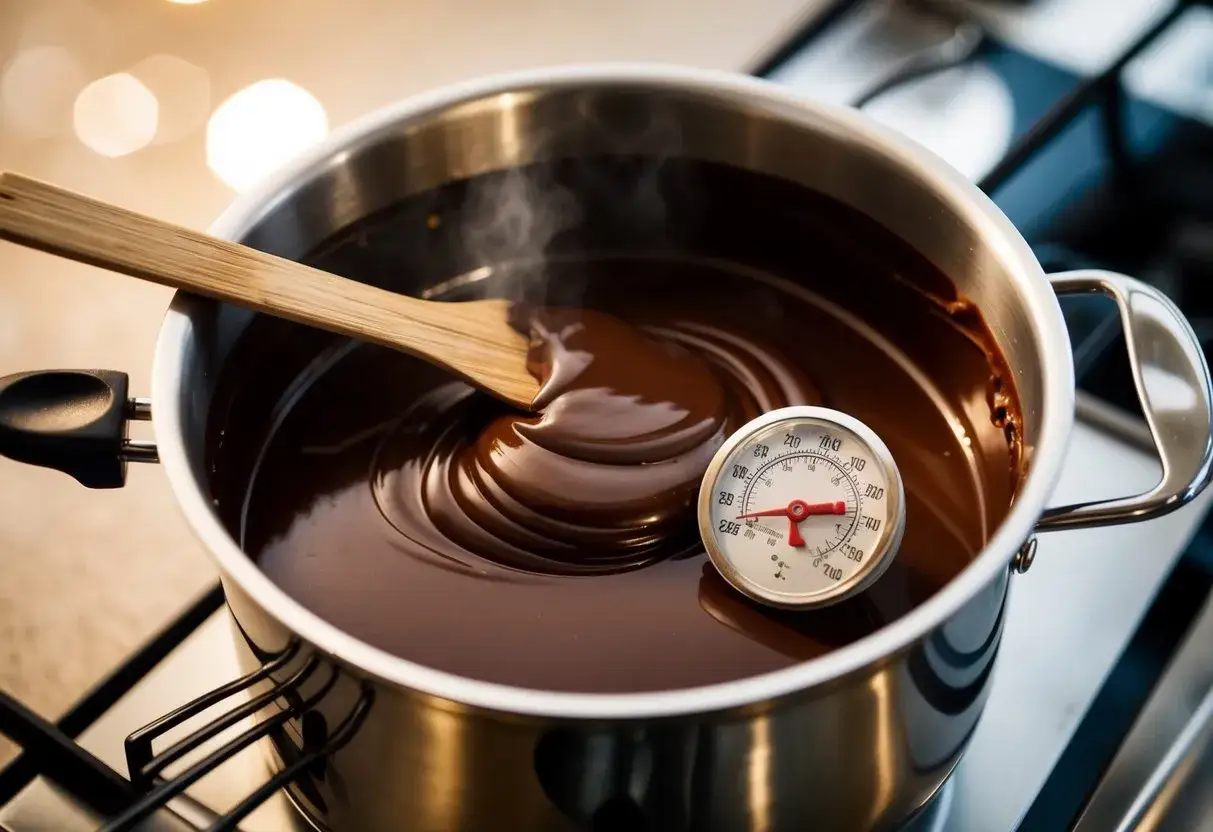 Sm&auml;lt choklad i kastrull med termometer. En tr&auml;sked r&ouml;r om den blanka, flytande chokladen. Perfekt f&ouml;r att temperera choklad.