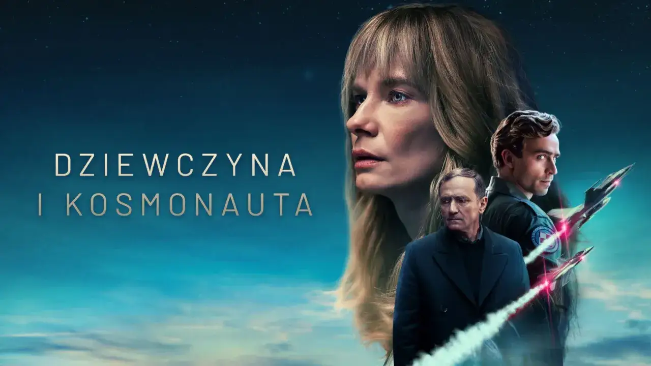 Dziewczyna i kosmonauta wpatrzeni w gwiazdy. W tle dwa myśliwce z smugami dymu.