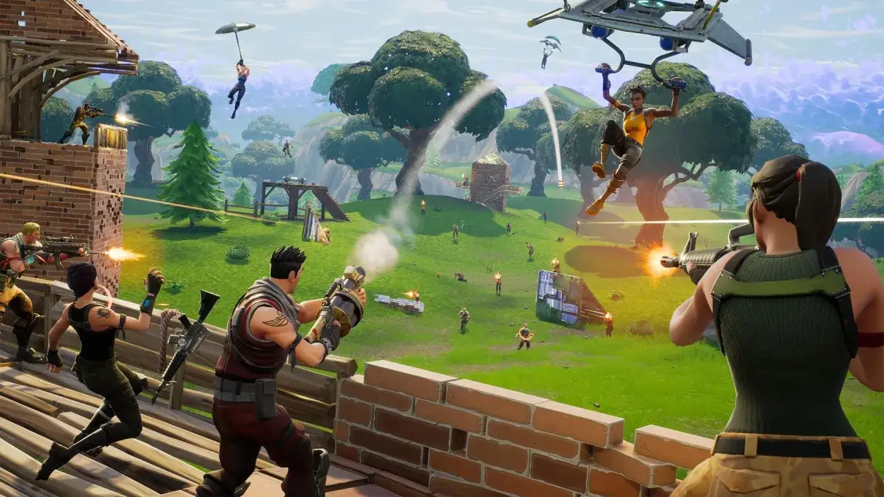 Intensywna bitwa w grze battle royale, przypominającej gry podobne do Fortnite. Gracze budują i strzelają na zielonej mapie.