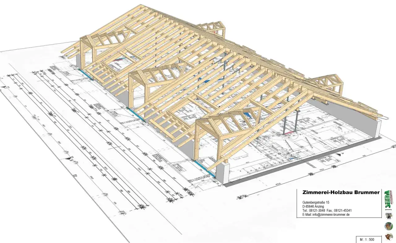 Dachstuhlaufbau mit Holzbalken auf Baupl&auml;nen. Die detaillierte Konstruktion zeigt den Fortschritt des Projekts.