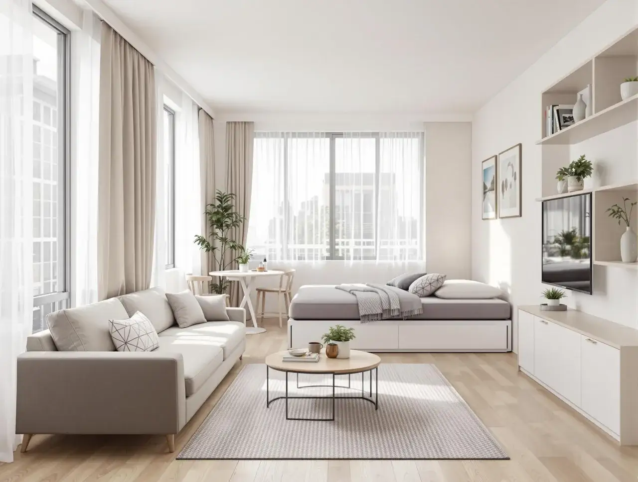 Jak urządzić pokój dzienny z sypialnią 20m2: jasna sofa, łóżko, stolik kawowy i TV. Minimalistyczny styl, dużo światła.