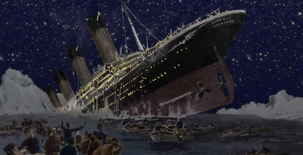 Tragiczny moment, gdy Titanic tonie. W którym roku zatonął Titanic? W 1912 roku. Ludzie w szalupach ratunkowych.