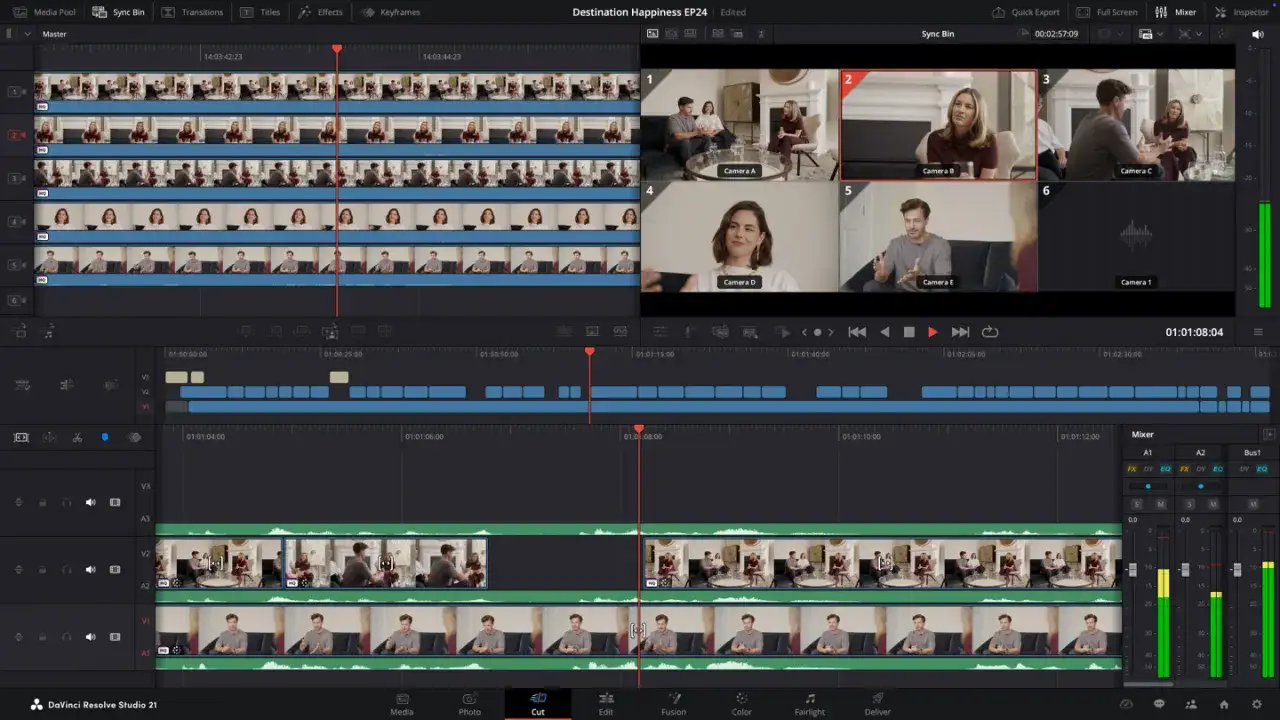 DaVinci Resolve layout showing a multi-camera edit with a timeline, preview windows, and audio mixer.