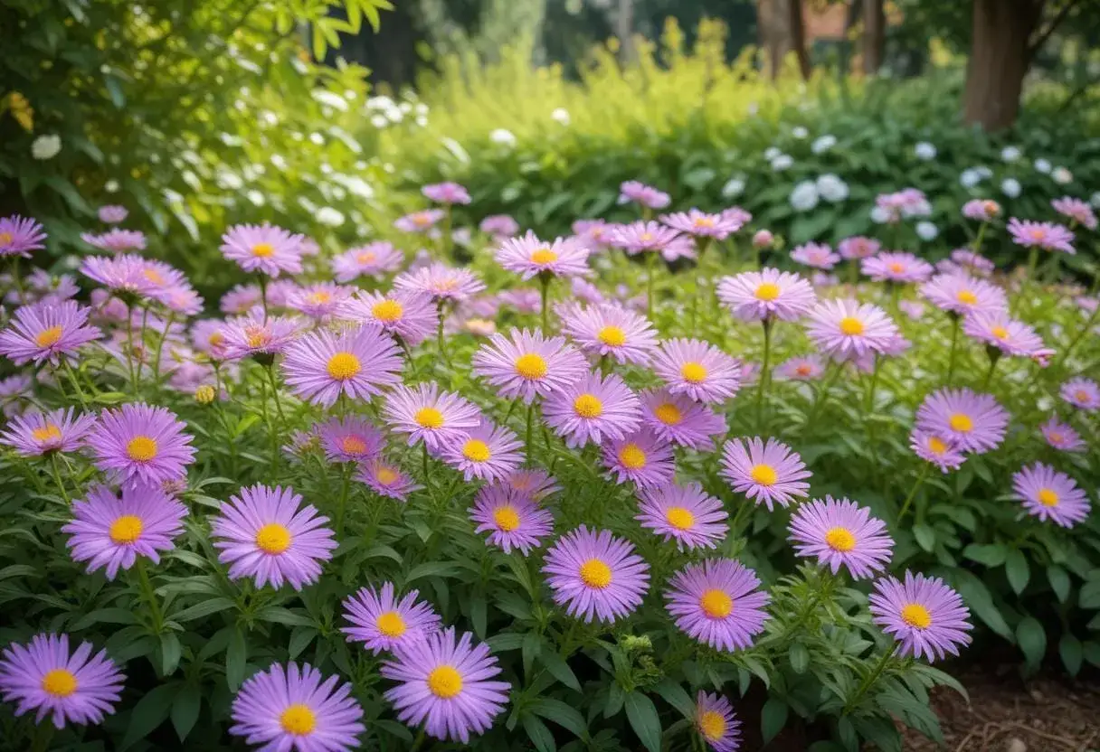 En äng fylld med lila aster blomma, vars kronblad sträcker sig ut som solstrålar runt en gul mitt.