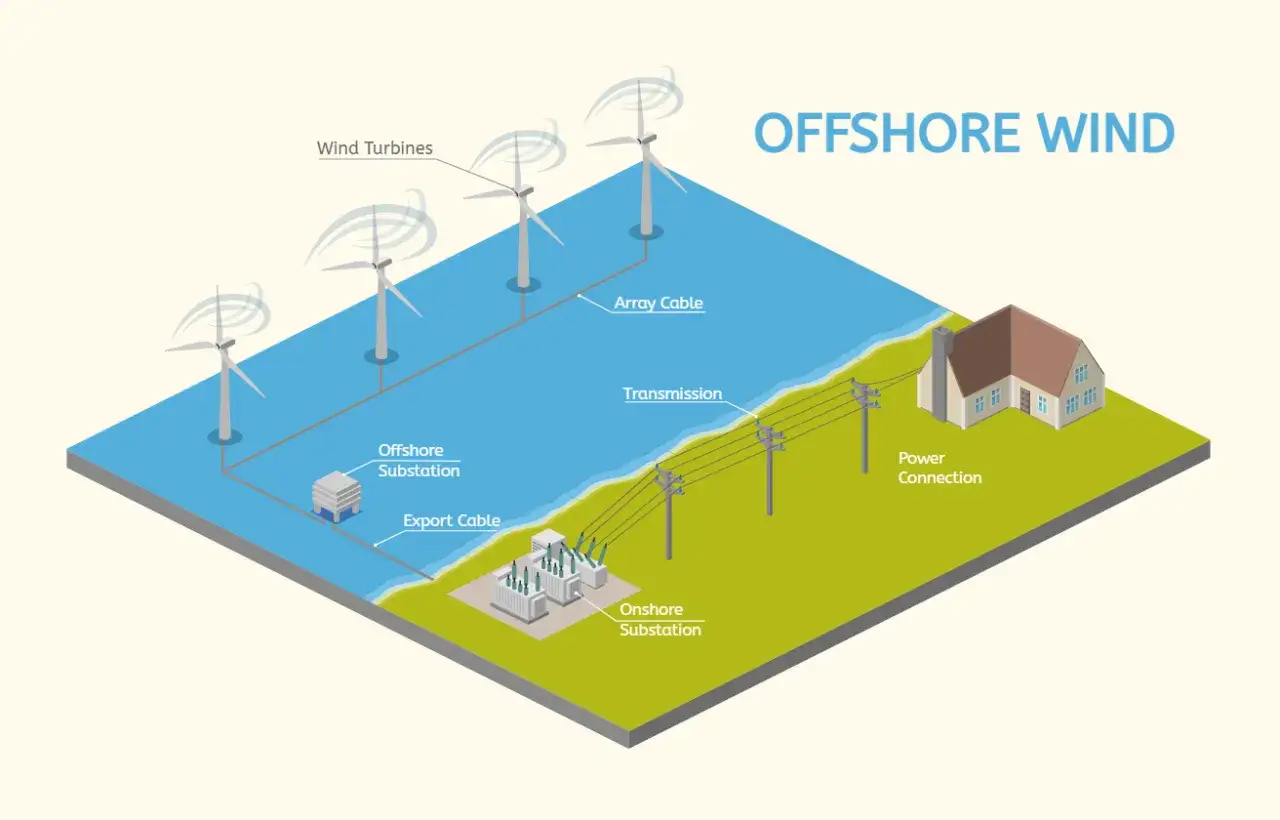 Schemat morskiej energetyki wiatrowej: turbiny na morzu, podstacje, kable i połączenie z lądem.