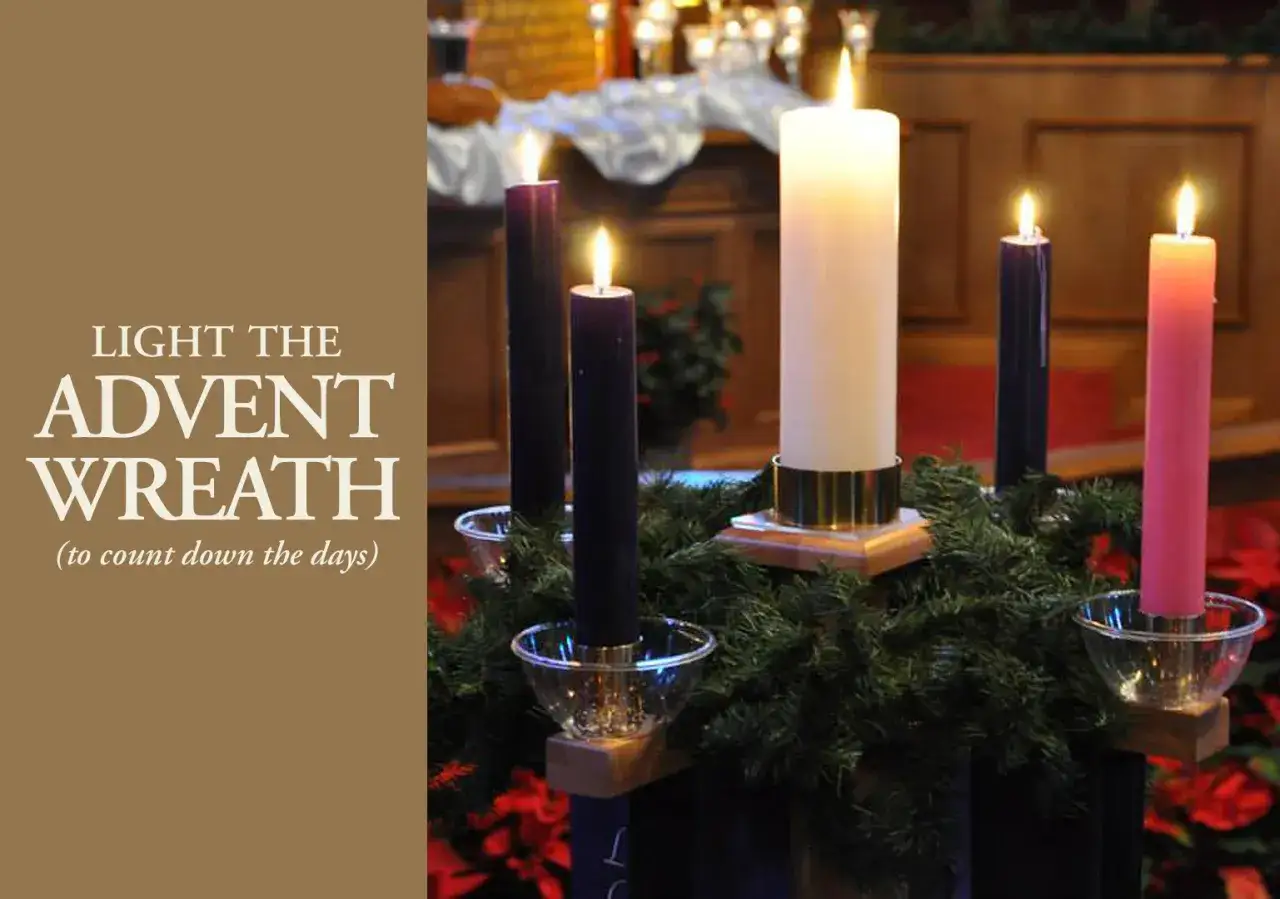 The first Sunday of Advent begins with lighting the Advent wreath, featuring purple, pink, and white candles on a festive evergreen base.