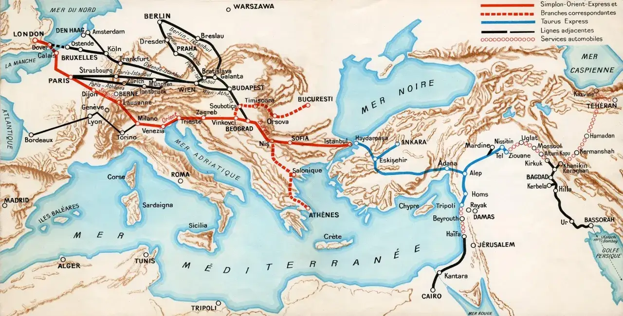 Die Karte zeigt die Routen des Istanbul Express und anderer Z&uuml;ge durch Europa und den Nahen Osten.