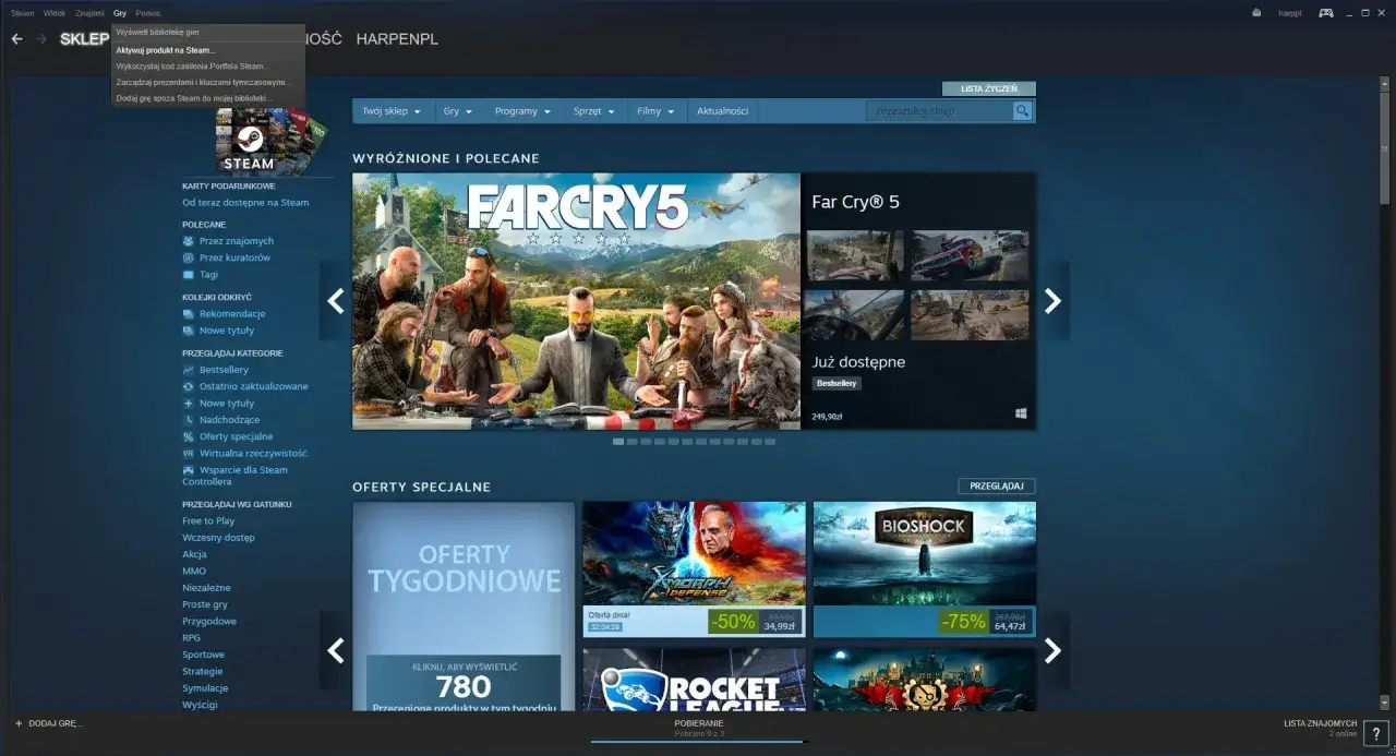 Na ekranie sklepu Steam widać grę Far Cry 5, oferty tygodniowe i specjalne. Można tu aktywować kod Steam, by dodać nowe gry do swojej biblioteki.