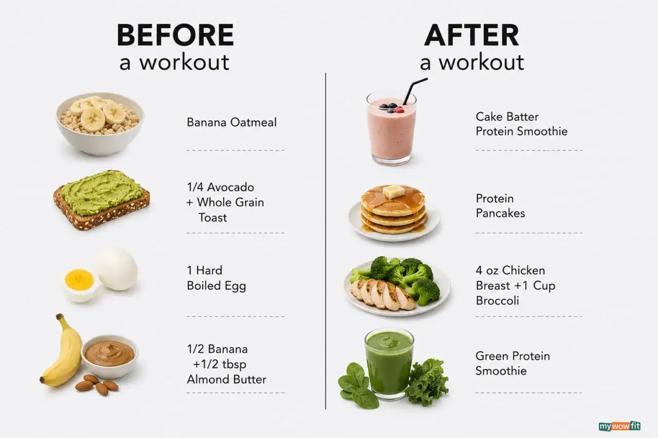 Vor und nach dem Sport: Bananenhaferflocken, Avocado-Toast, Ei, Banane mit Mandelbutter vs. Protein-Smoothie, Protein-Pfannkuchen, Hähnchenbrust mit Brokkoli.