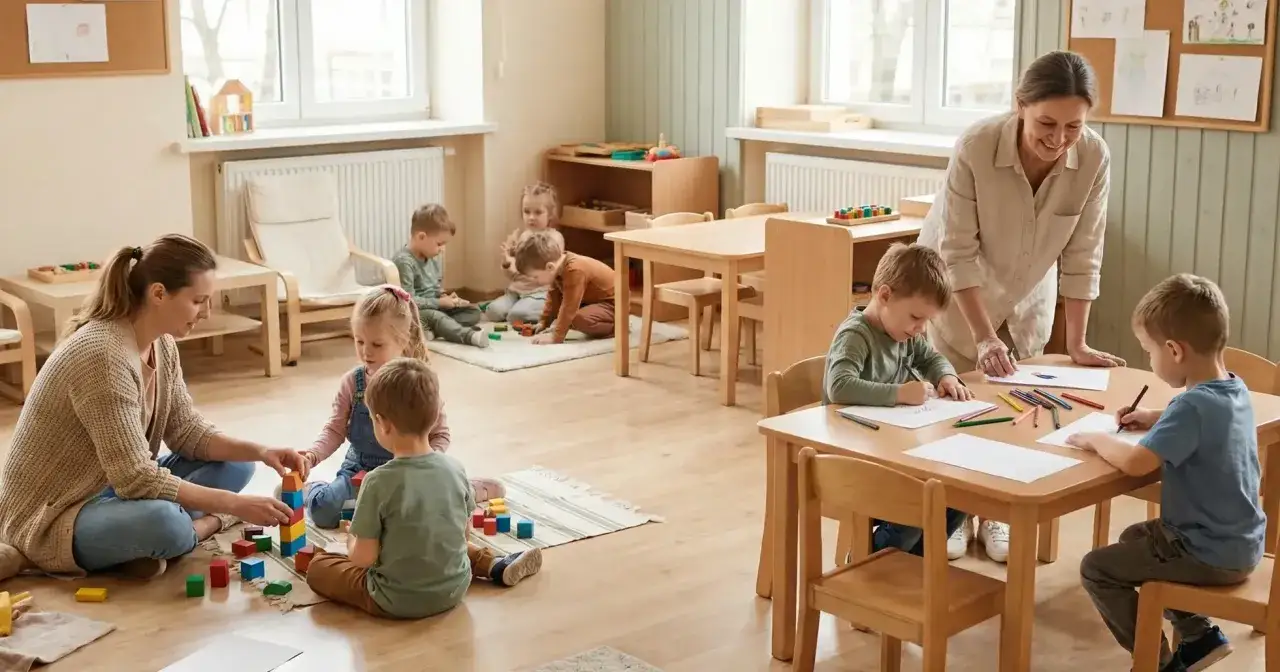 W przedszkolu panuje spok&oacute;j, dzieci bawią się klockami i rysują. Sanepid sprawdza, czy wszystko jest bezpieczne i higieniczne.