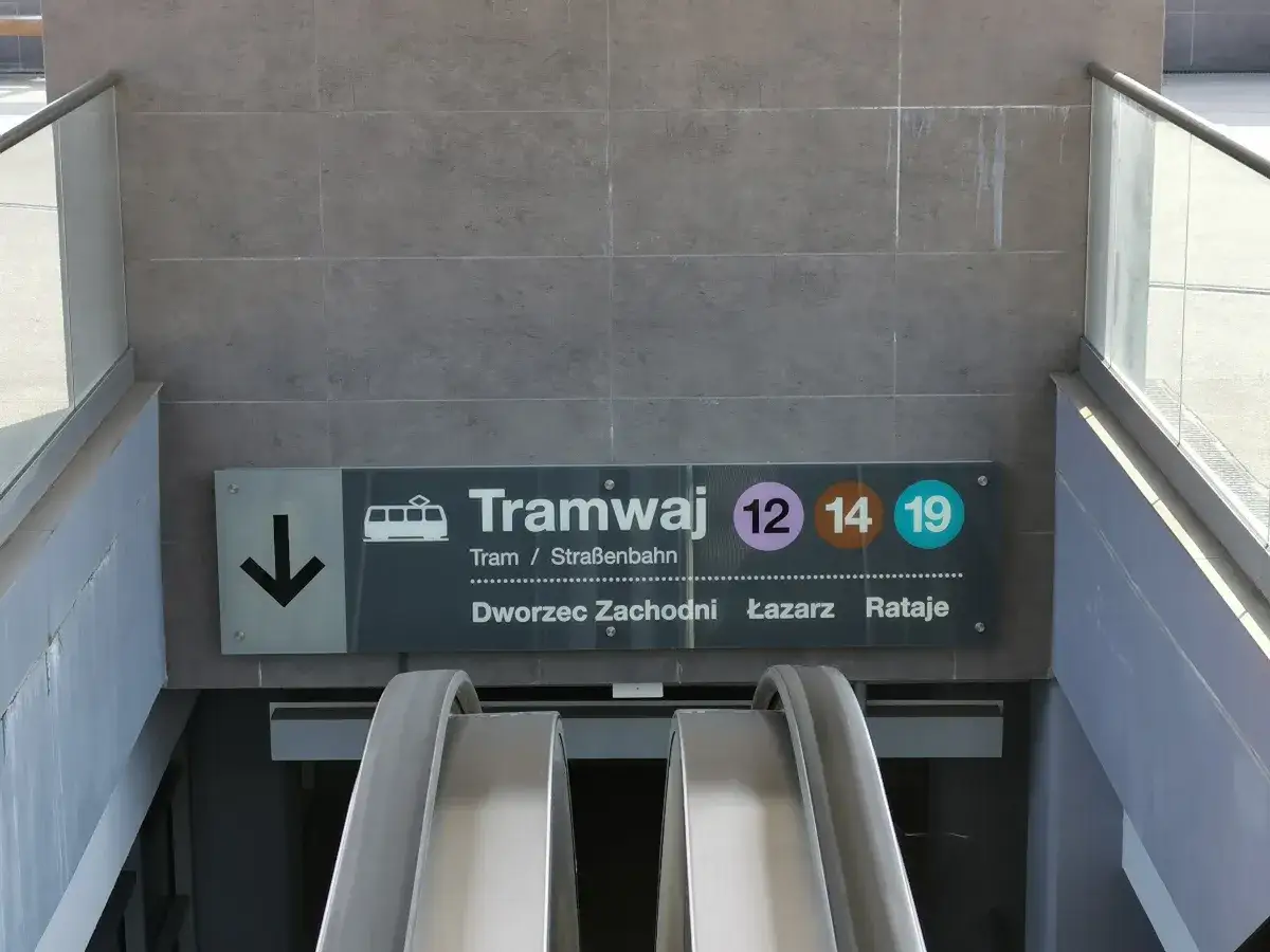 Znak informuje o dojeździe do **ronda Kaponiera** tramwajami 12, 14 i 19.