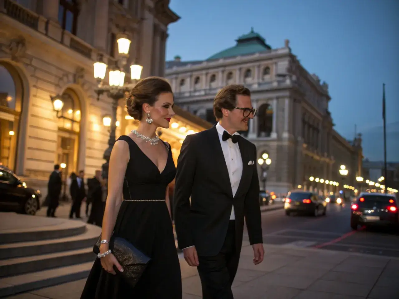 Elegancka para w wieczorowych strojach, idealnie odzwierciedlająca, jak się ubrać do filharmonii.