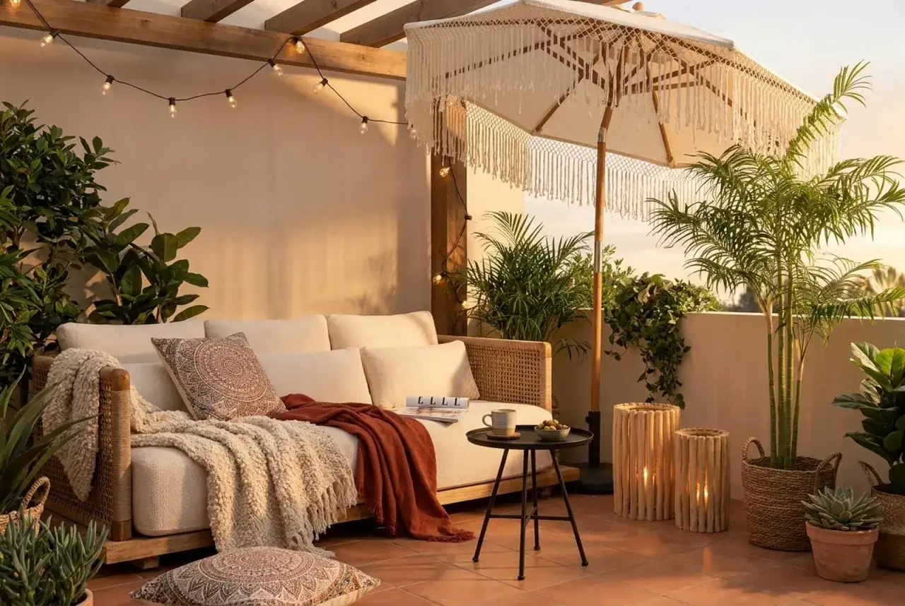 Une **petite terrasse cocooning** avec un canapé confortable, des coussins ethniques, une couverture douillette, un parasol bohème et des lanternes lumineuses.