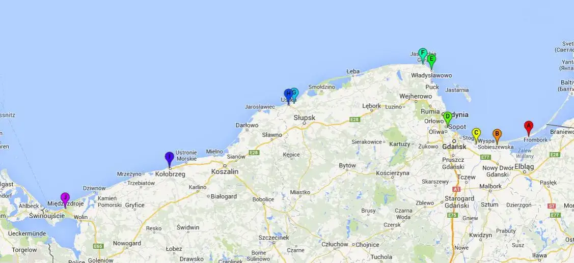 Mapa popularnych kurortów i mniejszych miejscowości nad Bałtykiem