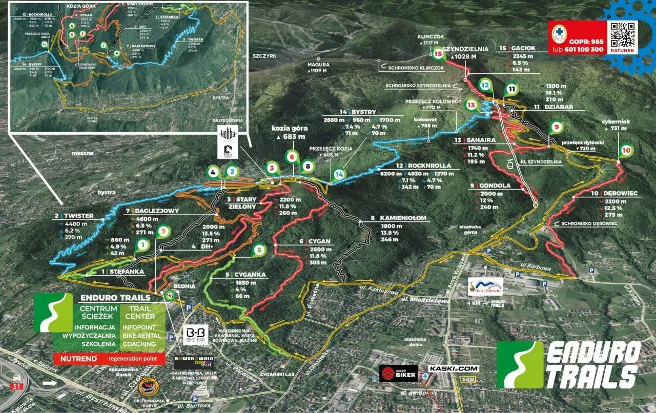 Mapa najlepszych bike parków w Polsce: Enduro Trails z trasami o różnym stopniu trudności, od Stefanki po Debowiec.
