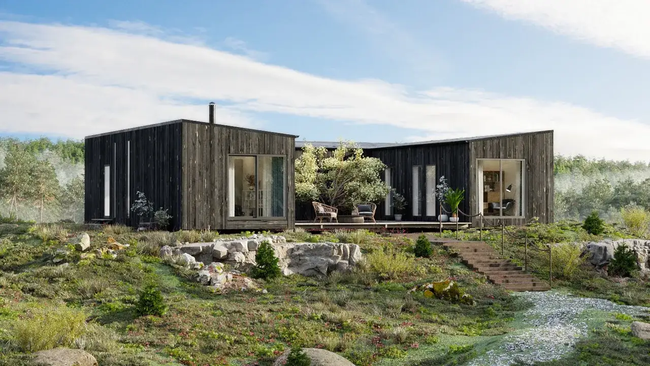Modern svart tr&auml;hus p&aring; en sluttande tomt. En dr&ouml;m att bygga hus, med en tydlig checklista f&ouml;r att lyckas.