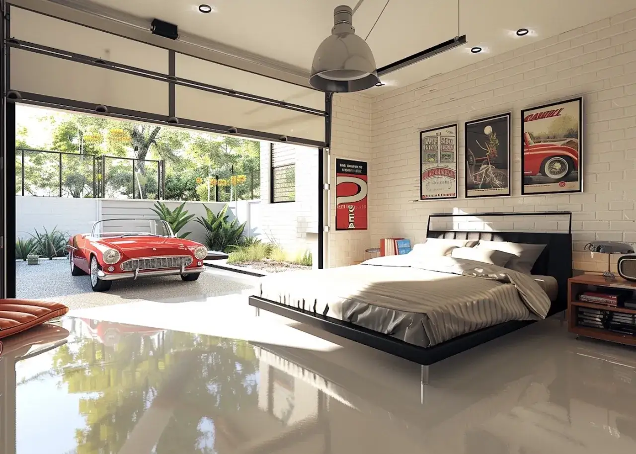 Transformer un garage en chambre : un lit douillet c&ocirc;toie une voiture de collection rouge, le tout baign&eacute; de lumi&egrave;re.