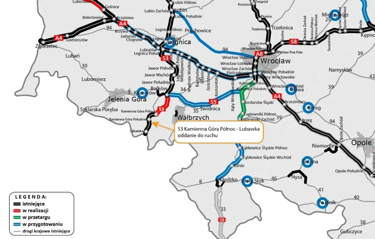 Mapa drogowa S3: najnowsze informacje o odcinku Kamienna Góra Północ - Lubawka oddanym do ruchu.