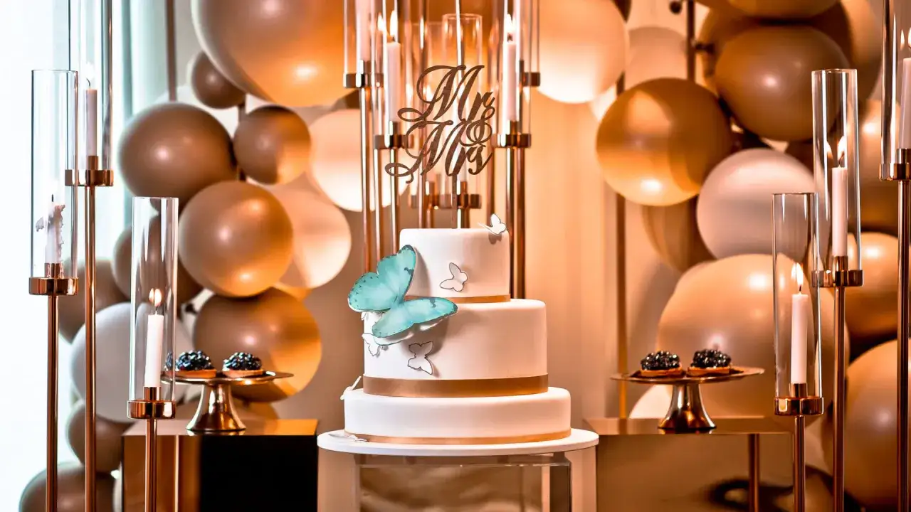 Elegancki tort weselny Mr & Mrs, ozdobiony motylami, otoczony balonami i świecami. Ten naked cake to marzenie!